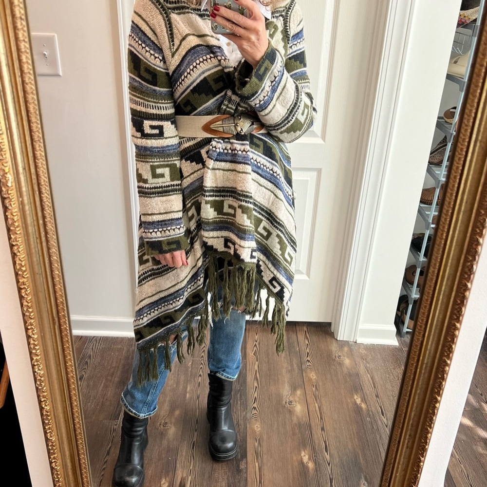 J Jill multicolored southwestern fringe open cardigan green blue

size large